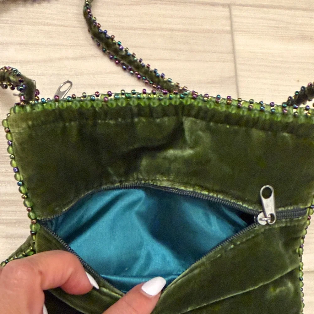 Beaded Turtle Velvet Crossbody Bag in Olive Green - Picture 4 of 6